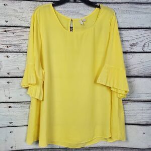 Cato Women’s Plus 26/28W Yellow Ruffle Bell Sleeve Blouse Top Keyhole Back